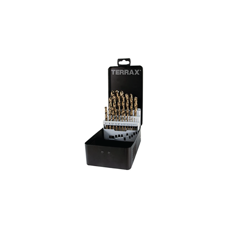 Juego de 25 Brocas Espirales DIN 338 tipo VA, HSSE-Co 5 Ascendente en Estuche Industrial TERRAX by RUKO Juego de 25 Brocas Espirales DIN 338 tipo VA, HSSE-Co 5 Ascendente en Estuche Industrial TERRAX by RUKO