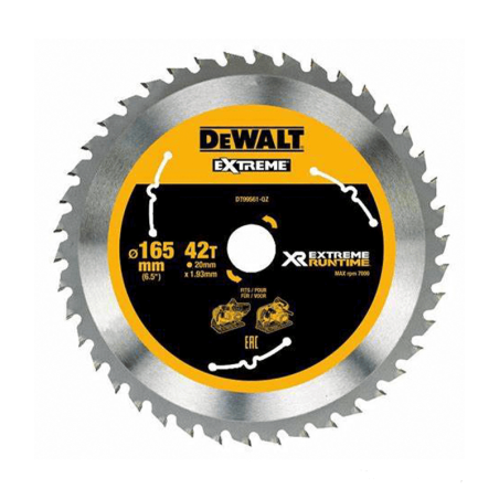 DeWalt portable XR Flexvolt saw blade (165mm x 20mm x42T)