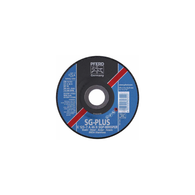 Discos Desbaste Línea SG-Plus Gran Exigencia Inox/Acero PFERD E 125-7 A 46 H SGP-Whisper/22,23