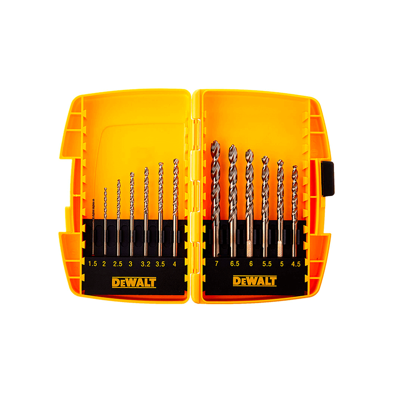 DeWalt Though Case with 13 cobalt tip drills 4, 1.5, 2, 2.5, 3, 3.2, 4, 4.5, 5, 5.5, 6, 6.5, 7