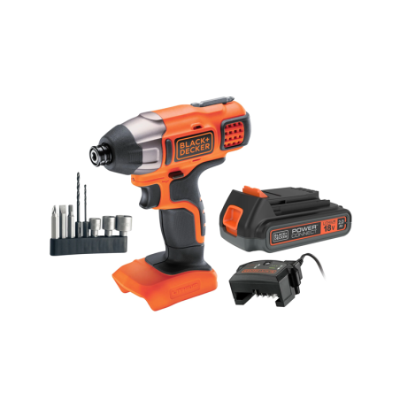 Aparafusadora de Impacto 18V com Bateria de 2Ah, Carregador de 1Ah e 8 Accesórios BLACK DECKER