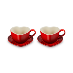 Set of 2 Heart Mugs with Saucers Cerise
