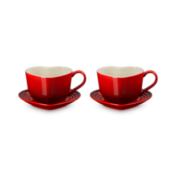 Set of 2 Heart Mugs with Saucers Cerise
