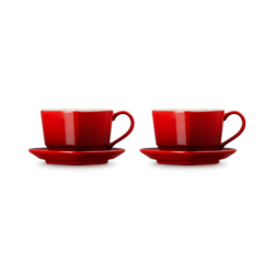 Set of 2 Heart Mugs with Saucers Cerise