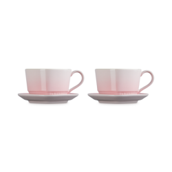Set of 2 Heart Mugs with Saucers Shell Pink