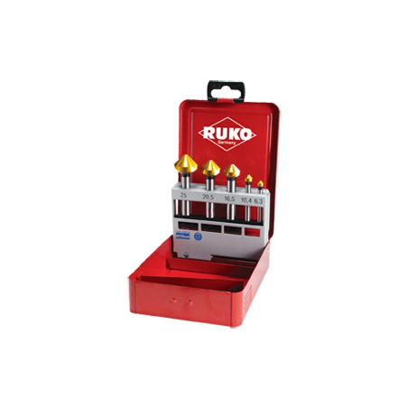 RUKO Taper And Deburring  Countersink Set DIN 335 Type C 90° HSS-TiN in steel case-5 pcs.(Ø 6,3 - 10,4 - 16,5 - 20,5 - 25,0 mm