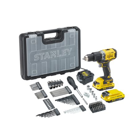 STANLEY 18V V20 Brushless Drill Driver + Set of 100 Accessories + 2 Li-Ion 2Ah Batteries + Charger + Case