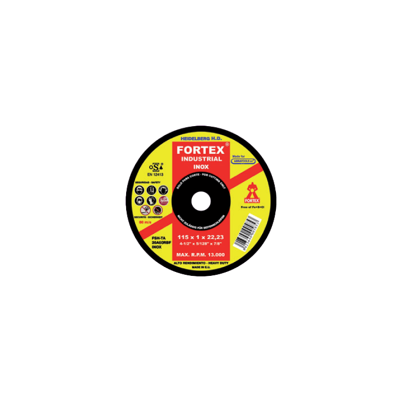 Disco de Corte Aço Inoxidável HD Extra Fino 115 x 1 x 22 mm FORTEX Disco de Corte Aço Inoxidável HD Extra Fino 115 x 1 x 22 mm FORTEX