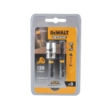 Pontas Torção de Impacto 2 x T20 e Adaptador Magnético com Bloqueio DeWalt