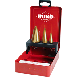 RUKO Set Of Conical Drills For Plates HSS-TiN (Drills Nº1,2,3 And 1 Pack Of Cutting Paste 30Gr - Industrial Box)