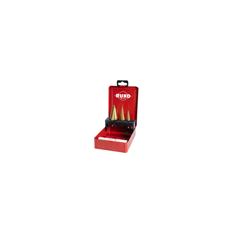 Jogo De Brocas Para Chapa HSS-TiN RUKO (Brocas Nº 1, 2 E 3 E 1 Lata De Pasta De Corte De 30G - Caixa Industrial)