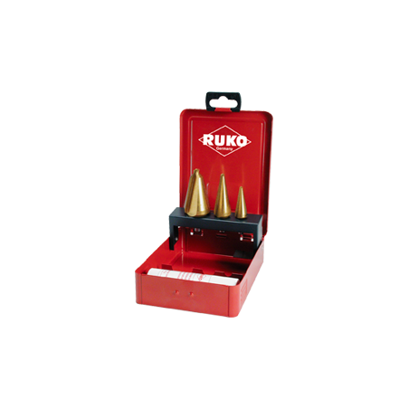 RUKO Set Of Conical Drills For Plates HSS-TiN (Drills Nº1,2,3 And 1 Pack Of Cutting Paste 30Gr - Industrial Box)