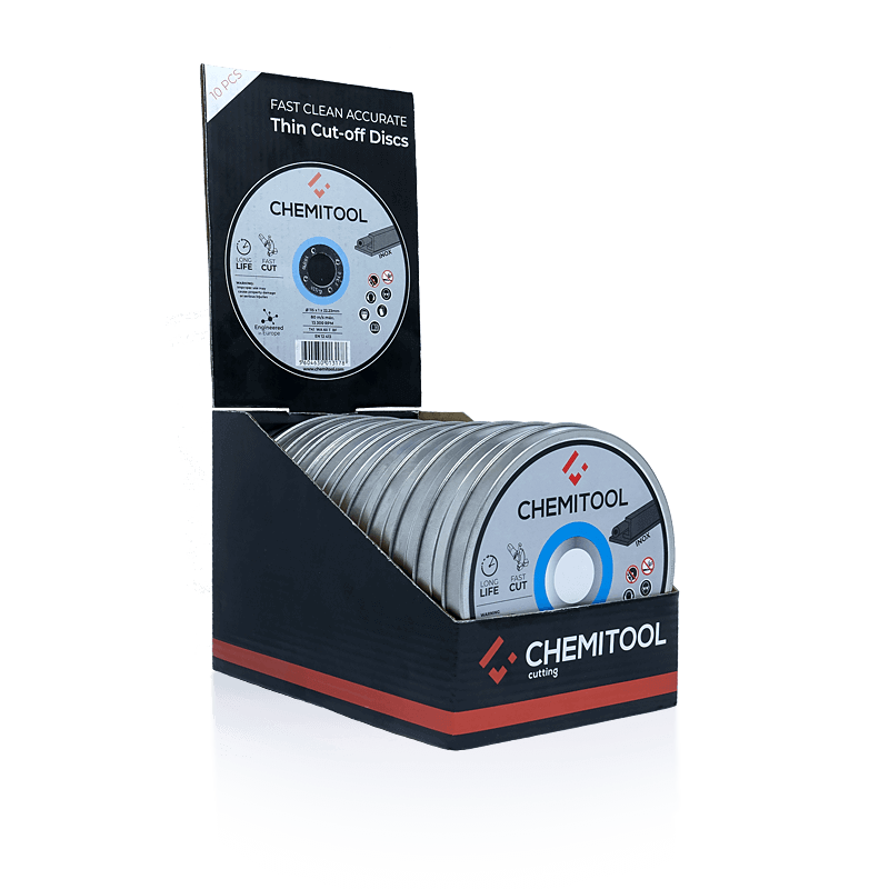 Expositor de Balcão com 10 Metal Boxes de 10 Discos de Corte Inox CHEMITOOL ø115mm