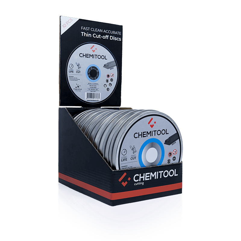 Expositor de Balcão com 10 Metal Boxes de 10 Discos de Corte Inox CHEMITOOL ø125mm