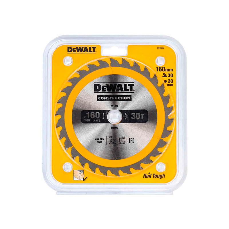 Hoja para sierra circular portátil para construcción DeWalt (160mm x 20mm x 30D)