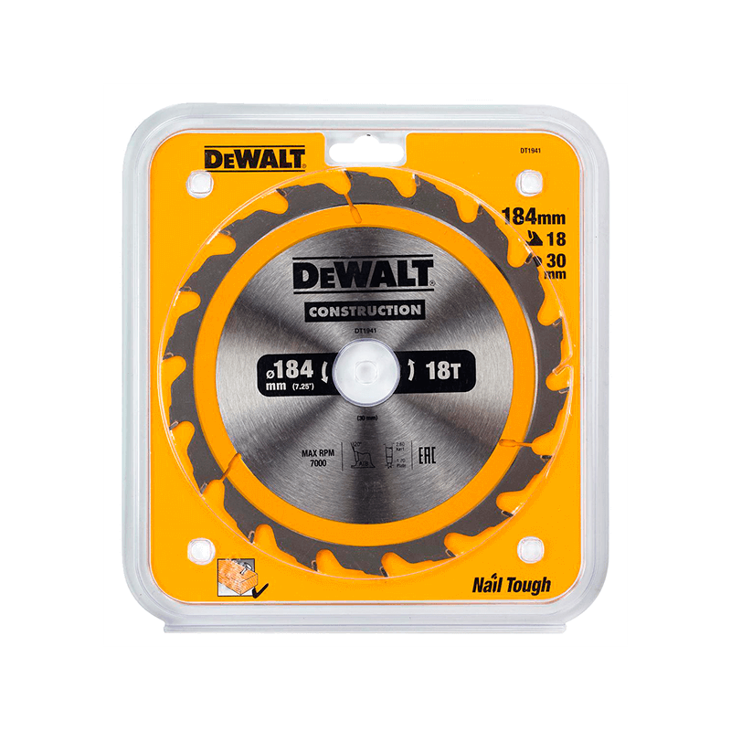 Hoja para sierra circular portátil para construcción DeWalt (184mm x 30mm x 18D)