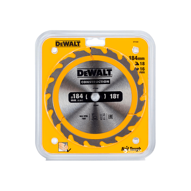 Hoja para sierra circular portátil para construcción DeWalt (184mm x 16mm x 18D)