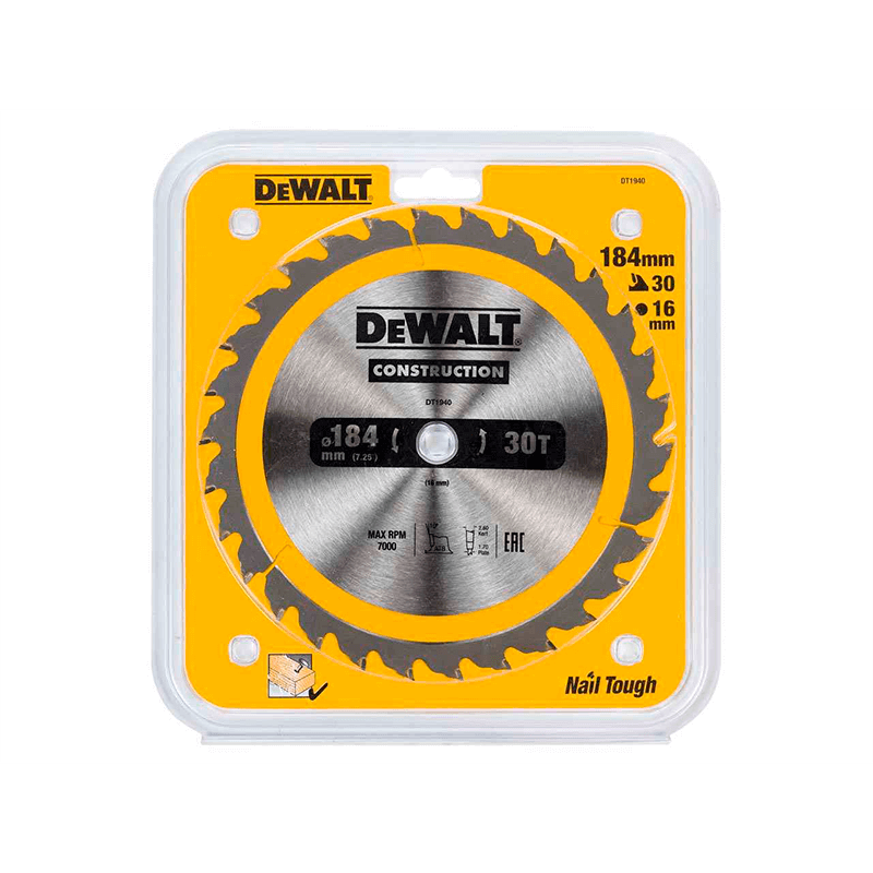 Hoja para sierra circular portátil para construcción DeWalt (184mm x 16mm x 30D) Hoja para sierra circular portátil para construcción DeWalt (184mm x 16mm x 30D)