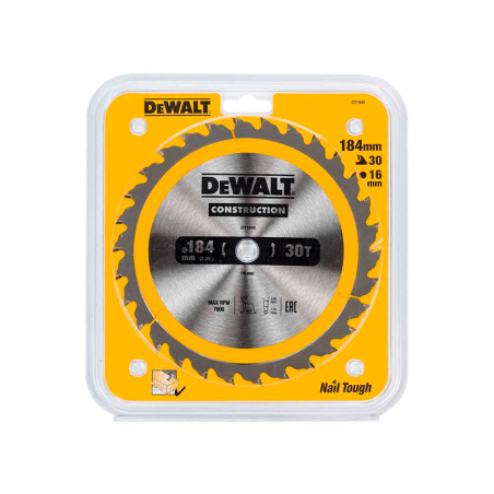 Hoja para sierra circular portátil para construcción DeWalt (184mm x 16mm x 30D)