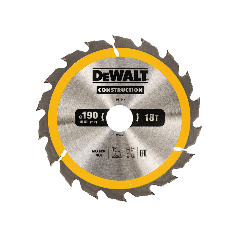 Hoja para sierra circular portátil para construcción DeWalt (190mm x 30mm x 18D) Hoja para sierra circular portátil para construcción DeWalt (190mm x 30mm x 18D)