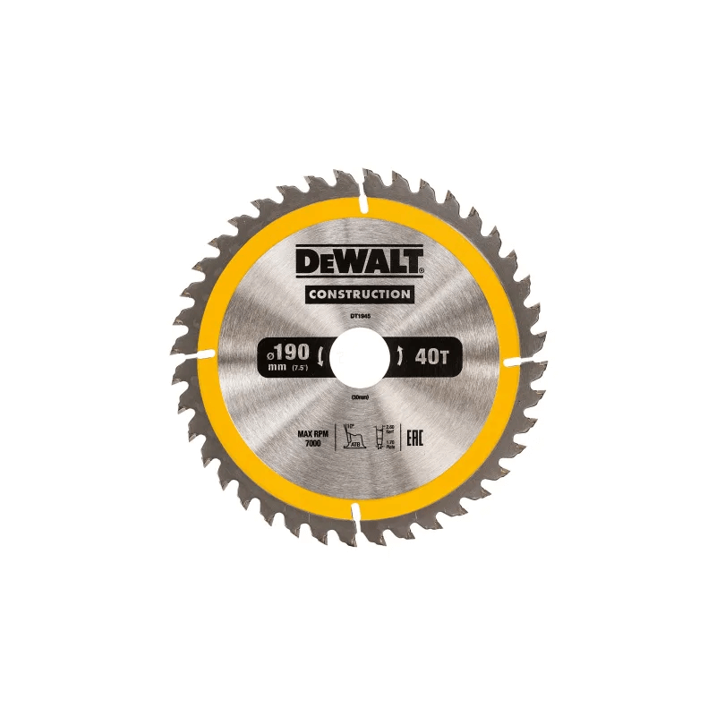 Hoja para sierra circular portátil para construcción DeWalt (190mm x 30mm x 40D) Hoja para sierra circular portátil para construcción DeWalt (190mm x 30mm x 40D)