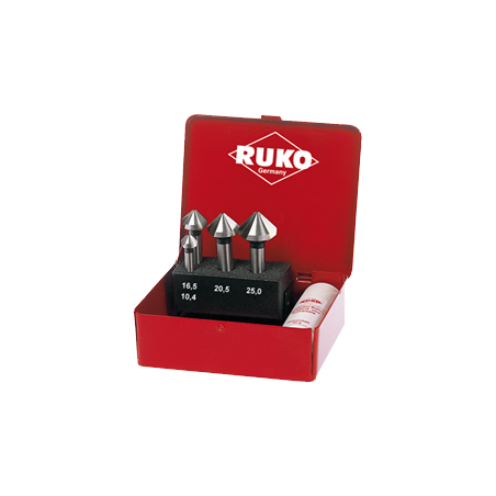 RUKO Taper And Deburring  Countersink Set DIN 335 Type C 90° HSS in steel case-6 pcs. (Ø 10,4 - 16,5 - 20,5 - 25,0 mm)